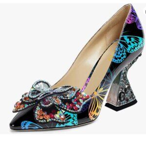 YDN Black Butterfly Print Pumps Colorful Crystal High Heels Studded Slip On Shoe